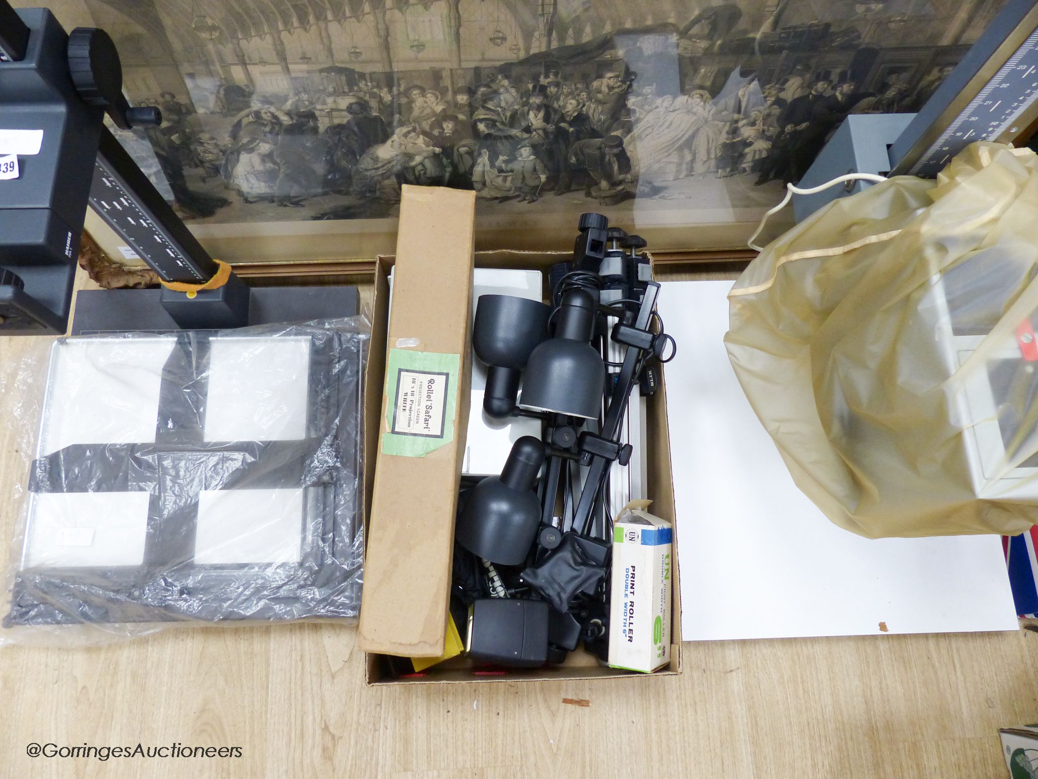 A collection of 20th century photographic accessories to include a Durst M800 enlarger and base, a large Kaiser RS1 photographic copy stand and an associated stand by R.R.Beard Ltd, together with a Leitz projector, other